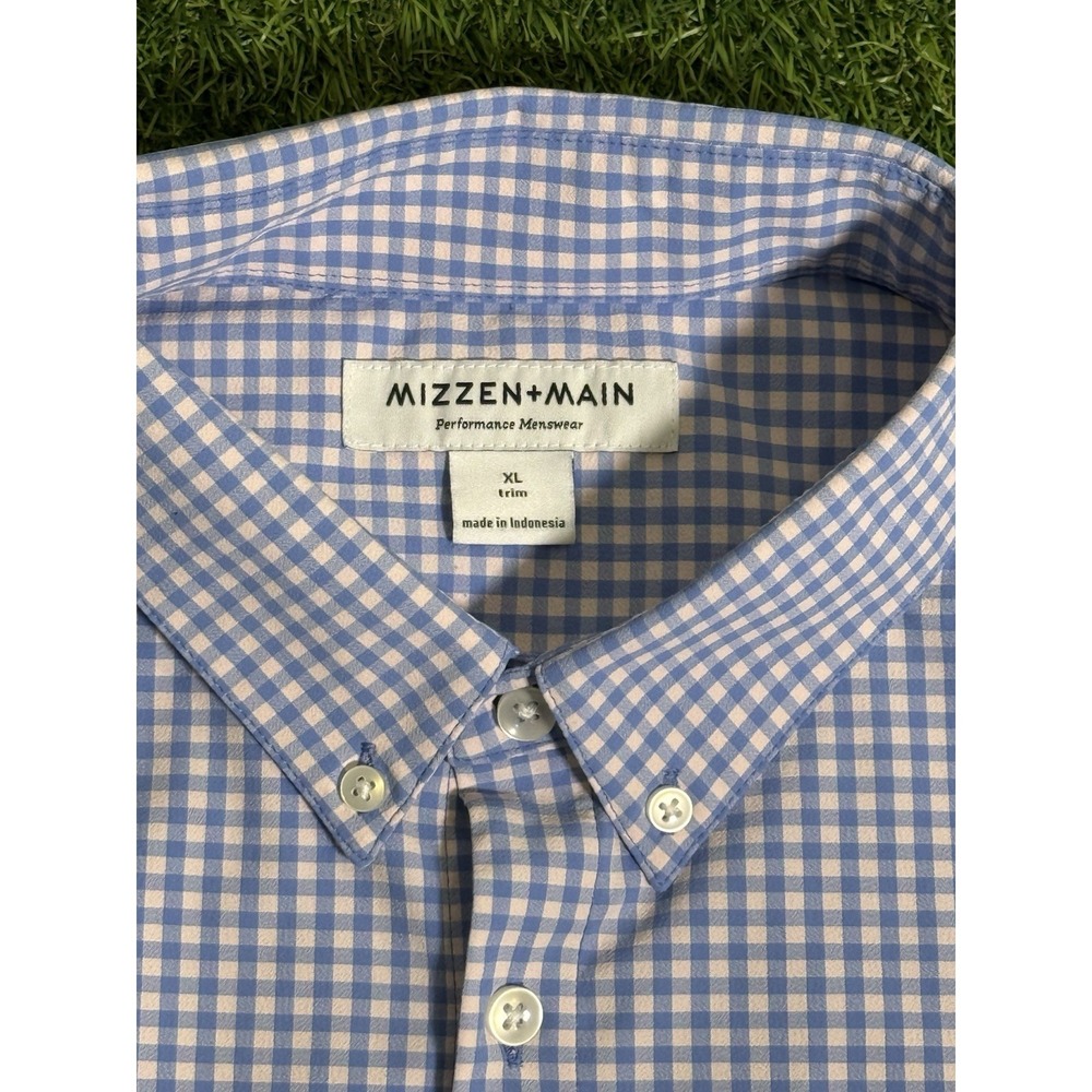 Mizzen Main Leeward Shirt Mens XL Blue Gingham Trim Fit Performance Stretch - Picture 3 of 15